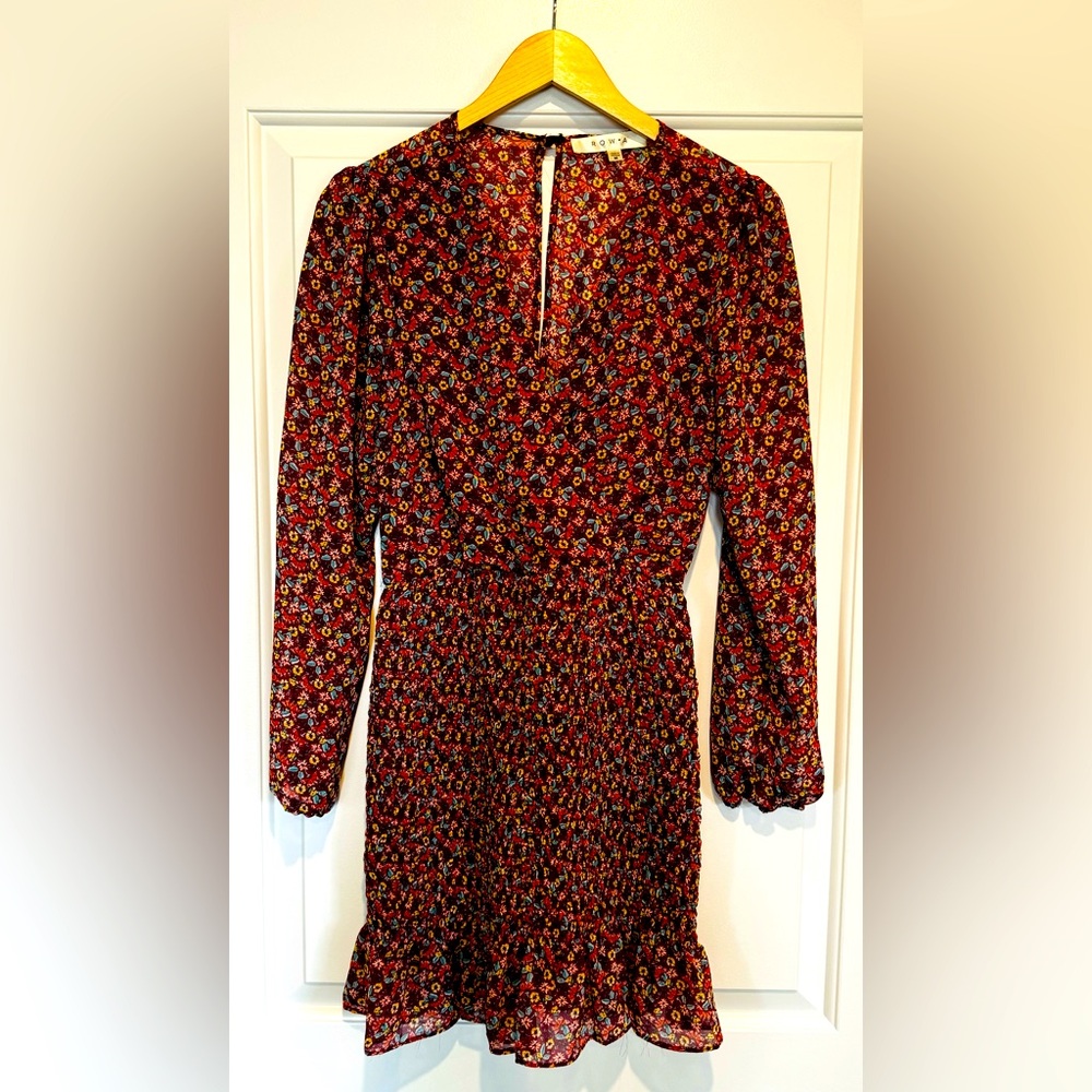 Burgundy Floral Long sleeved  smocked Dress